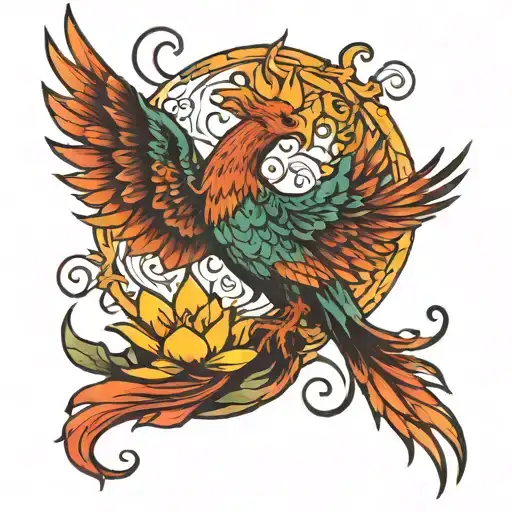 A Phoenix Rising From A Lotus Flower With A Hand From The Heavens Protecting Over It