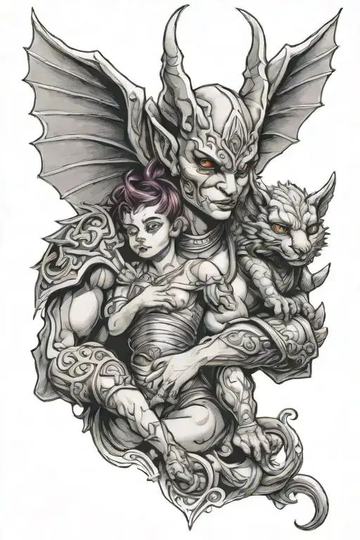 Female Gargoyle Warrior With Her Toddler