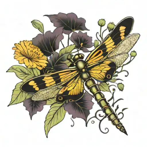 Dragonfly And Marigolds Morning Glory's Cosmos