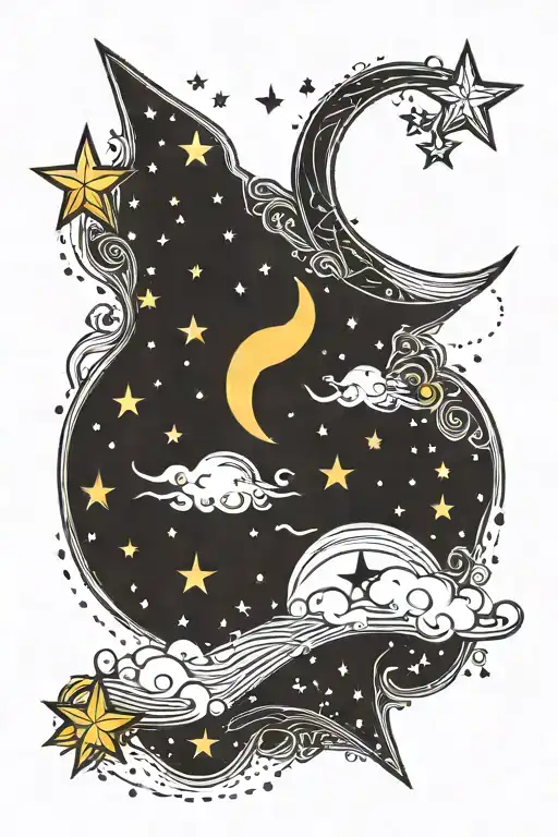 13 Stars And Moons In Horizontal Line With Dots And Fine Line Details