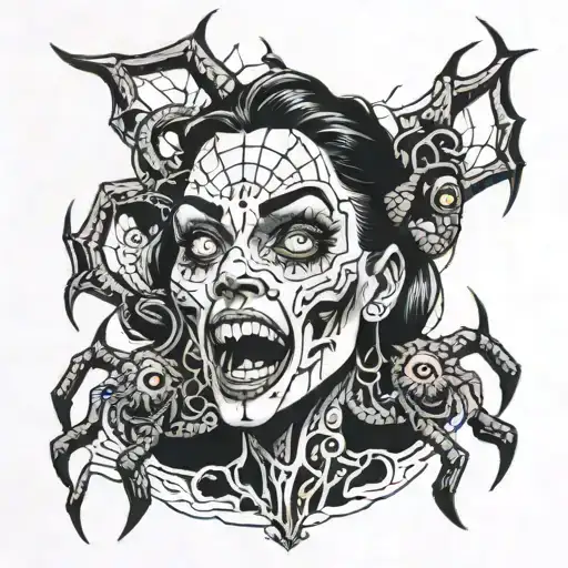 A Human Women's Face With Eight Eyes Like A Spider And An Open Mouth Showing Fangs