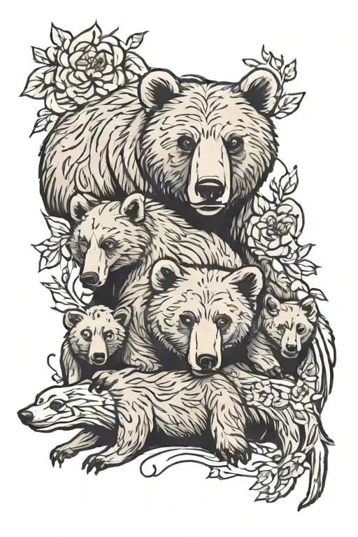 Mama Bear And 5 Cubs Playing