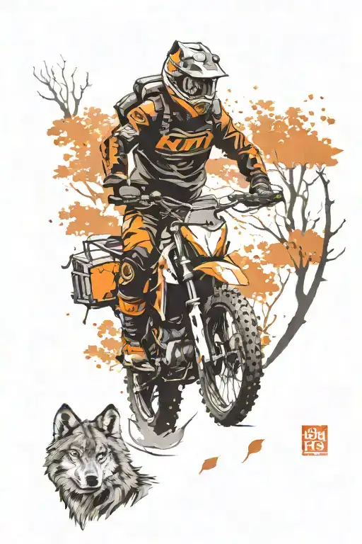 Ktm Enduro Riding In Forest And A Wolf