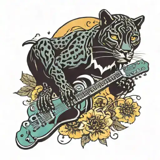 Surrounded By Dandelions There Is A Black Panther Playing A Football Shape Guitar