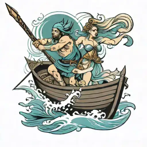 Guy In Boat Sailing With Spear And Fat Women In Water