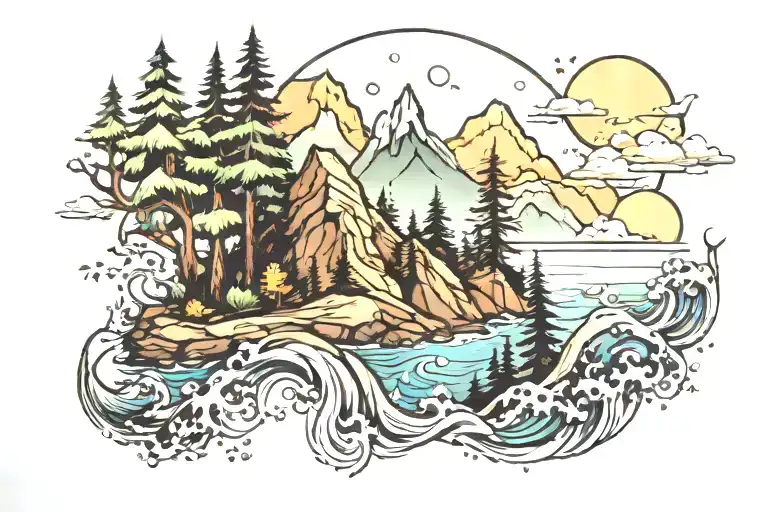 Forest And Mountain And Ocean Scene