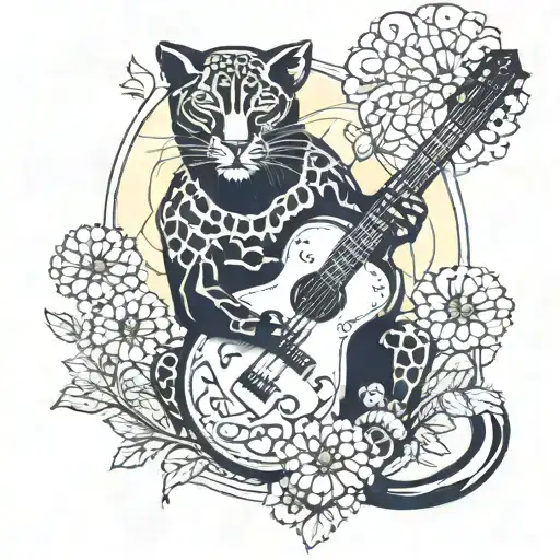 Surrounded By Dandelions There Is A Black Panther Playing A Football Shape Guitar