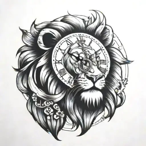 Black And White Lion With Clock
