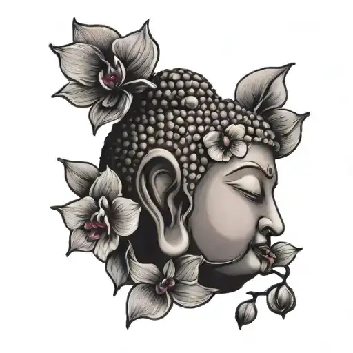 Buddha Head With Orchid Flowers