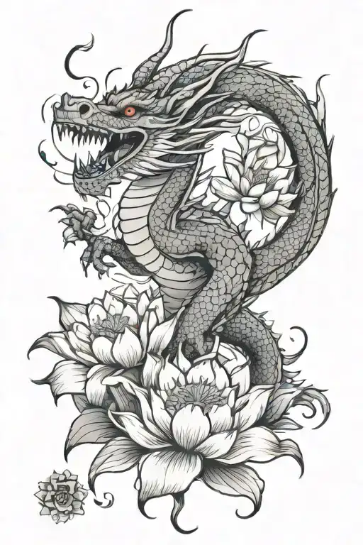 Dragon Flying Surrounded By Lotus Flowers