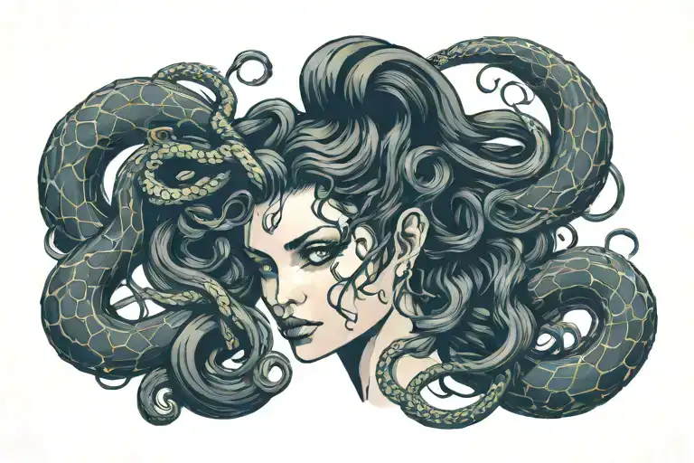 Medusa With Blank White Eyes And Snake Hair And An Aura Surrounding Her