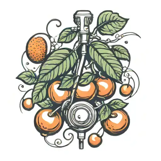Cute And Mini Design Of Cherries And Oranges Intertwined With A White Standing Microphone