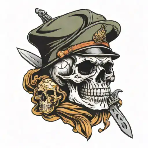 Skull With A Knife In The Mouth And A Military Hat