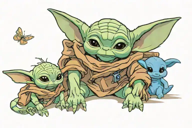 Baby Yoda And Stitch Staring Down At Bluey