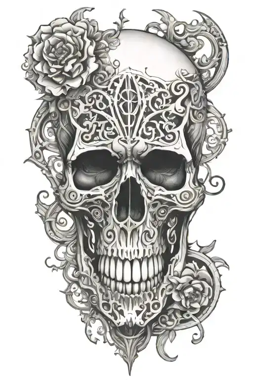 Black And White Skull Sounded By Biomechanical Filigree