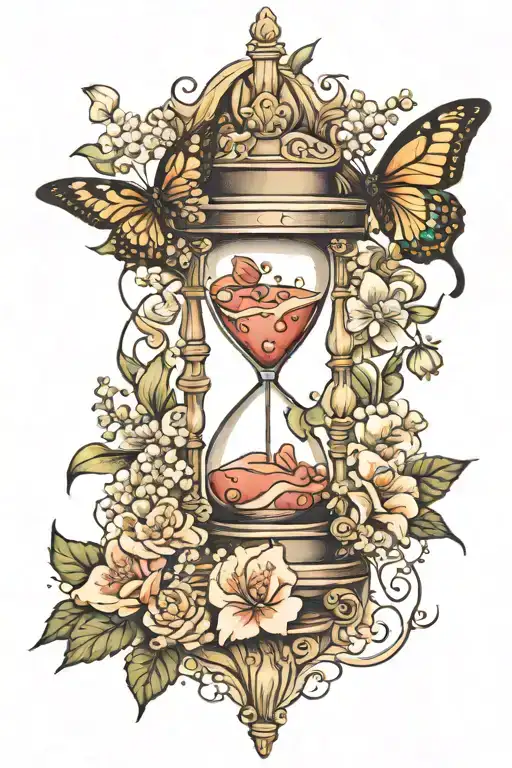 Hourglass Surrounded By Carnations And Lily Of The Valley Flowers And Two Butterflies