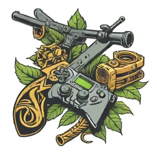 Pot Leaf Background With Two Crossed Rifles A Viking Helmet And A Gaming Controller