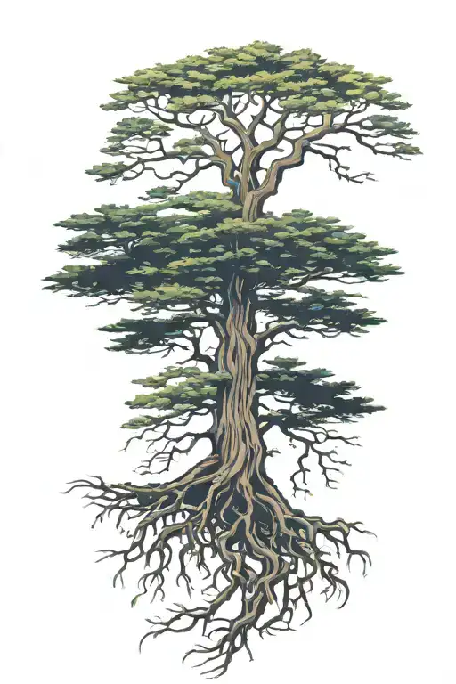 Cedar Tree With Roots Reaching Deep