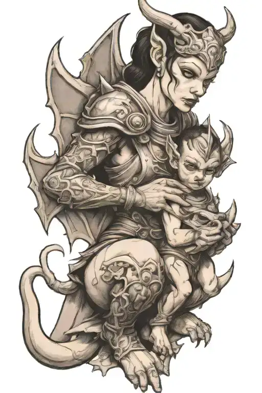 Female Gargoyle Warrior With Her Toddler