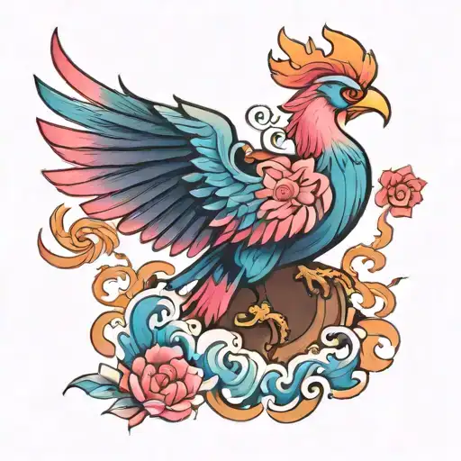 Phenix With Long Tale Blue Pink Color Borokko Style And Flower S Around