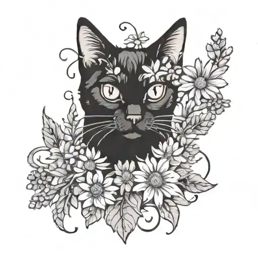 Black Cat With Daisies And Lavender Flowers
