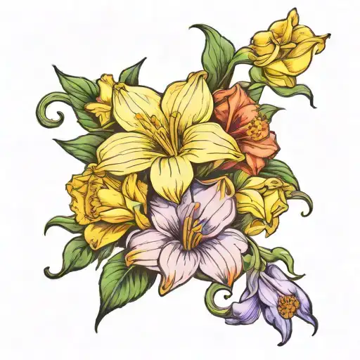 1 Big Daffodil 1 Big Morning Glory And Two Little Morning Glories