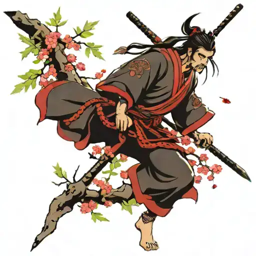 Samurai Warrior Under Cherry Tree Intertwined