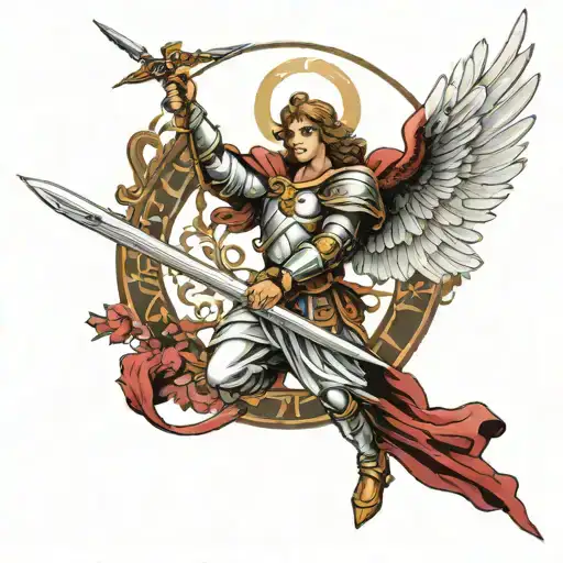 Elegant Badas Archangel Michael Sticking Long Sword Into Ground With Wings Spread Out