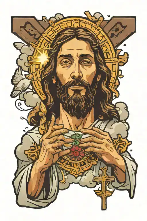 Jesus With 3 Crosses Prayer Hands Clouds Doves Flying And Lights