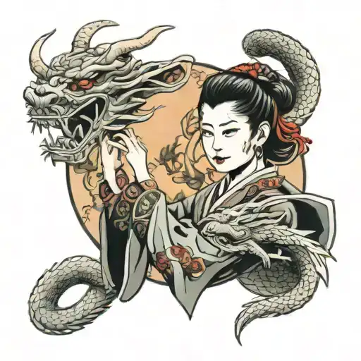 Samurai Girl In Hand With A Chinese Dragon In Front Of The Japanese Moon
