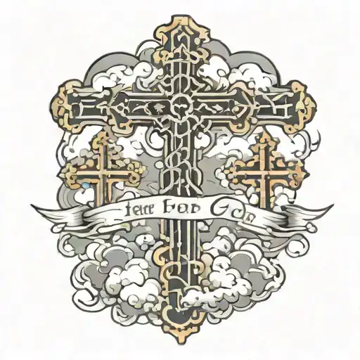 3 Crosses With Clouds And Fear God Lettering