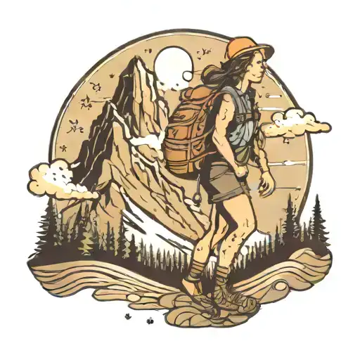 Mountains With Clouds Stars In The Sky Female Hiker On Mountaintrail