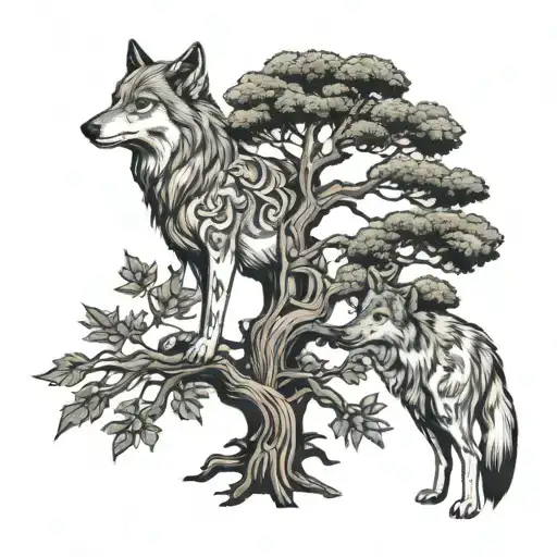 Acasia Tree With Wolf Standing Under It