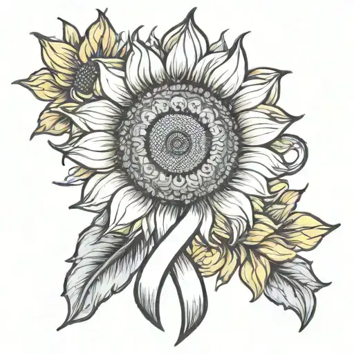 Cancer Awareness Ribbon And Sunflower Blooming