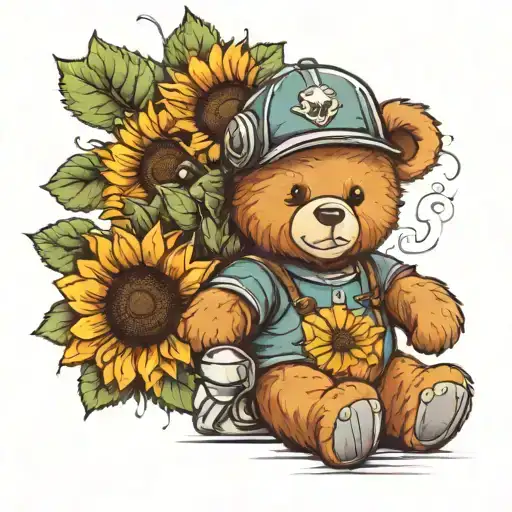 Teddy Bear With Sunflower Wearing A Hockey Helmet