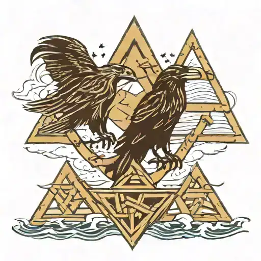 Two Ravens With The Valknut In The Background Of The Ocean