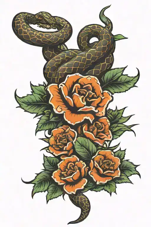Coiled Snake Around Spine Tattoo With Flowers