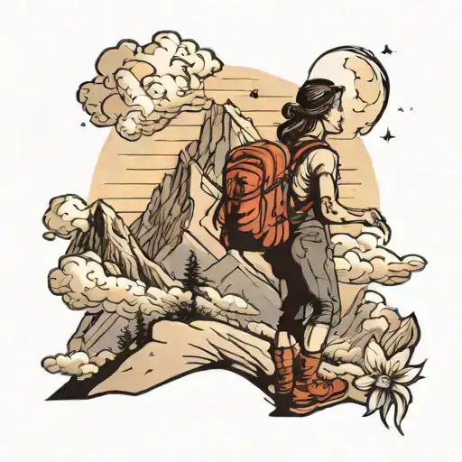 Mountains With Clouds Stars In The Sky Female Hiker On Mountaintrail In The Distance