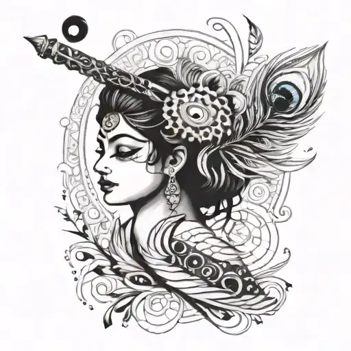 Krishna's Flute And Peacock's Feather Black And White And Small