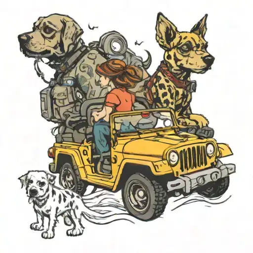 Girl And Dog Driving Away In A Jeep Wrangler