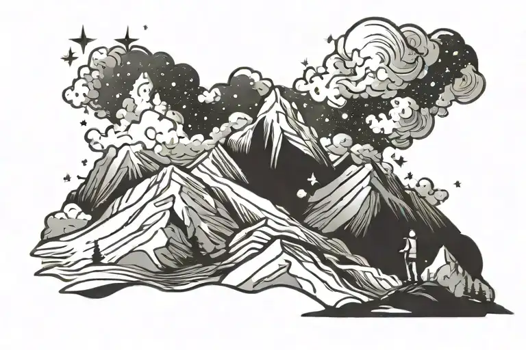 Mountain With Clouds Stars In The Sky Female Hiker On Mountain Trail