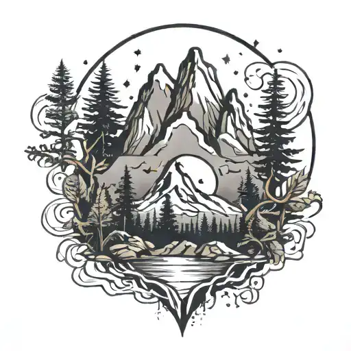 Three Mountains With Pine Trees A Moon And Stars