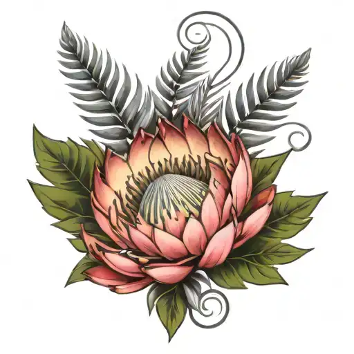 Protea Flower With A Silver Fern Leaf Intertwined Vines