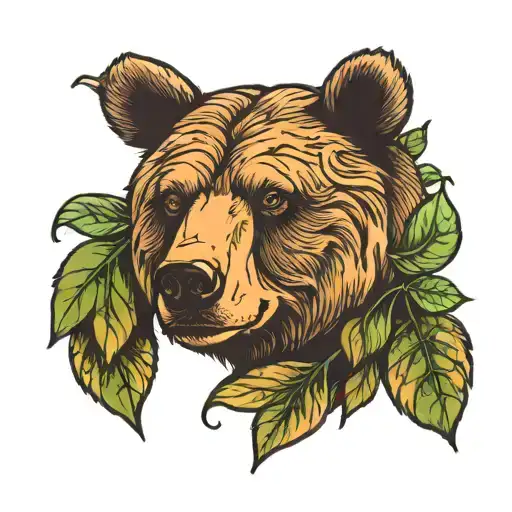 Bare Muzzle Of A Bear With Leaves On The Forearm