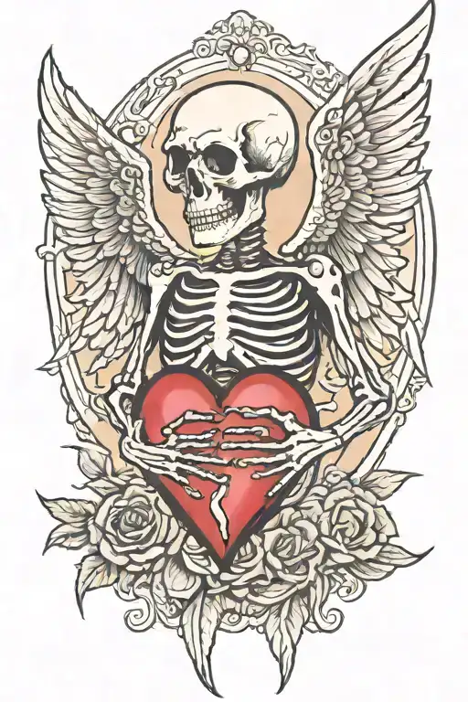 Skeleton With Wings Holding Heart In Both Hands Holding A Heart