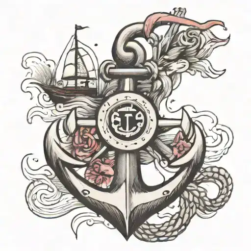 Anchor With The Number 56 And A Ship Behind