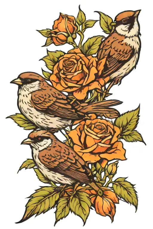 Two Sparrows Wheat Snow Drop Rose Iris