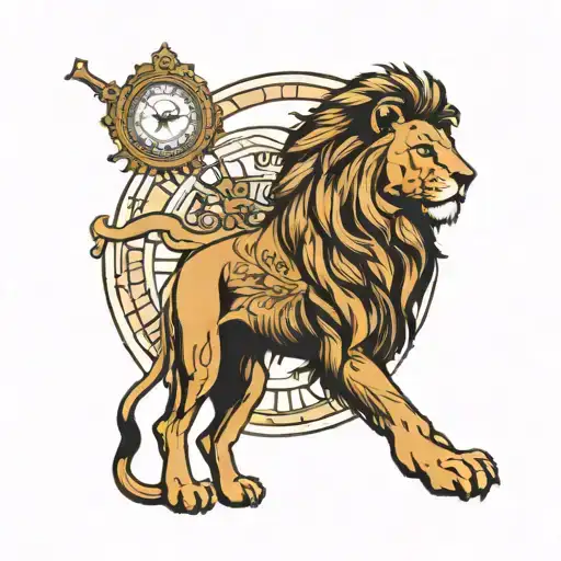 Male Lion With Roman Numeral Clock Below It And A Scared Cross In The Lions Eye