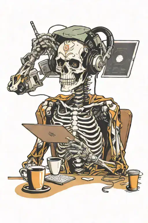 A Developer Skelaton Is Coding With Computer While Listening Music And Drinking Coffee