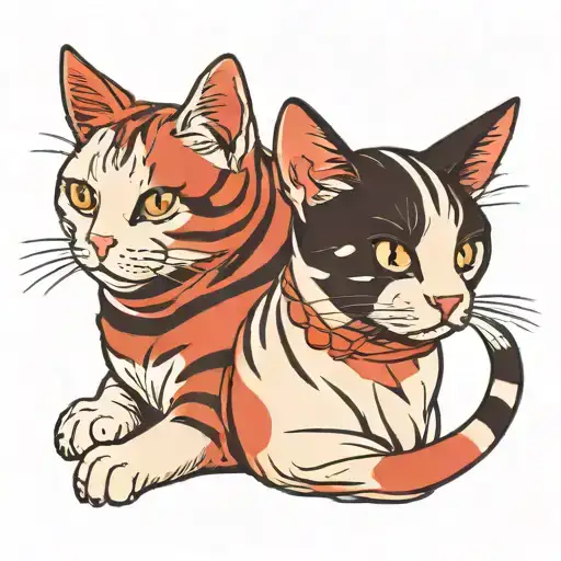 A White Cat With Black Spots On Its Ears And A Red Cat With Stripes